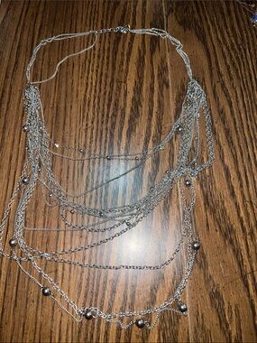 Layered Silver-Tone Multi Chain Necklace with Bead Accents